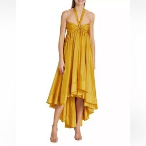 Zimmermann Devi Silk Halter High-Low Dress in Mustard
